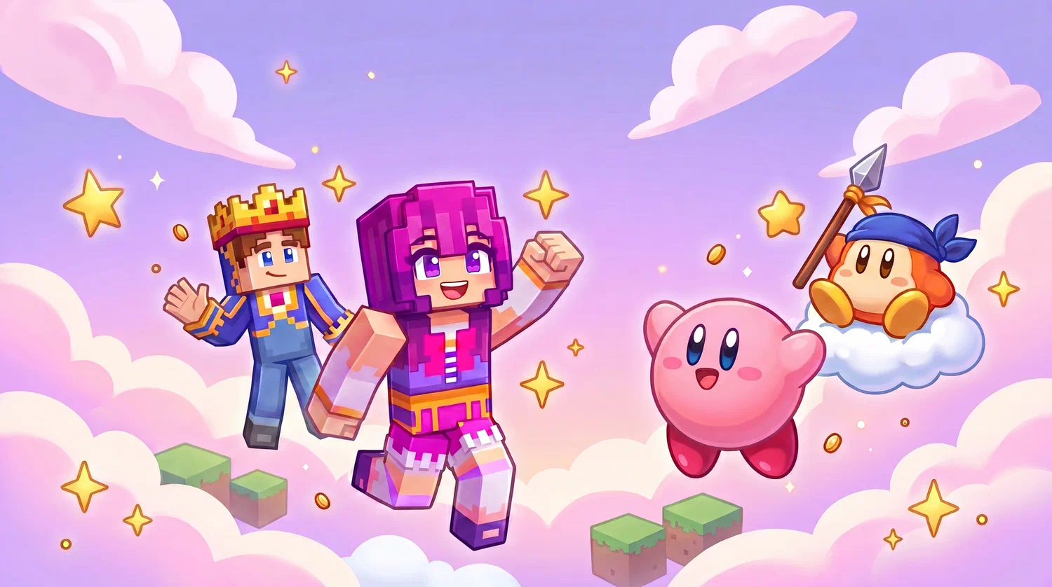 Karo and friends: Kirby, a bandana Waddle Dee with his spear, and the crowned co-op partner, floating in a dreamy pastel sky